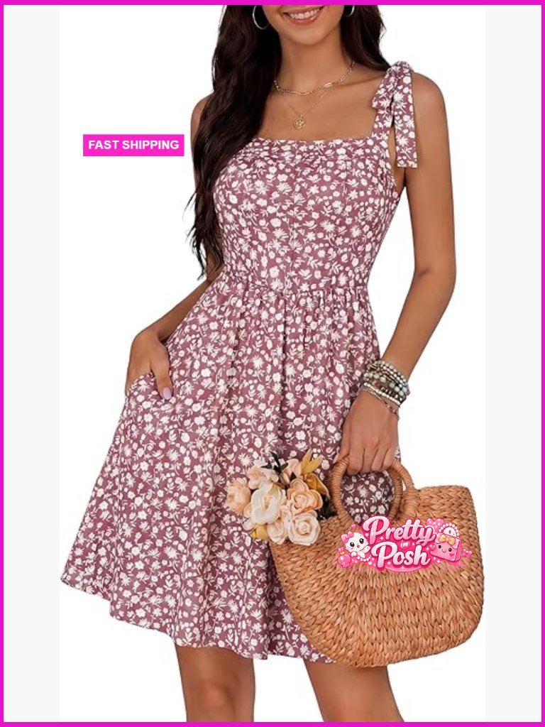 Polyester Spandex Summer Dress With Pocket Elastic Shoulder V-Waistline
